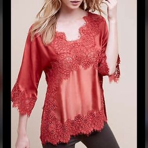 Anthropologie Moulinette Soeurs Coral Satin and Lace Bell Sleeve Blouse Medium